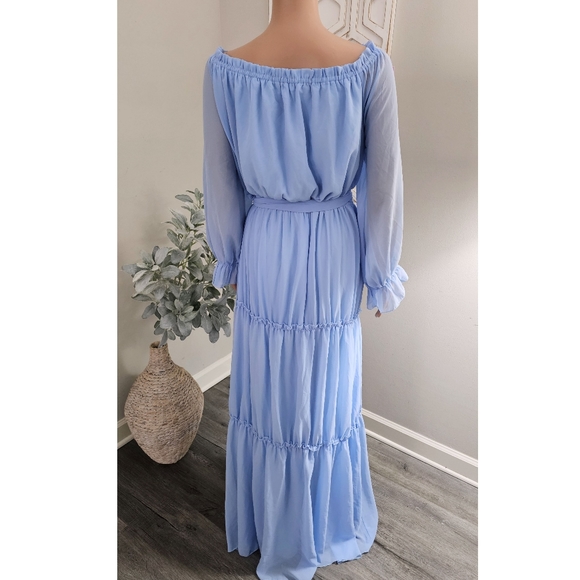 Faeriesty Ski Blue Off Shoulder Long Sleeves Tiered Waist Tie Maxi Dress 4XL - Picture 2 of 9